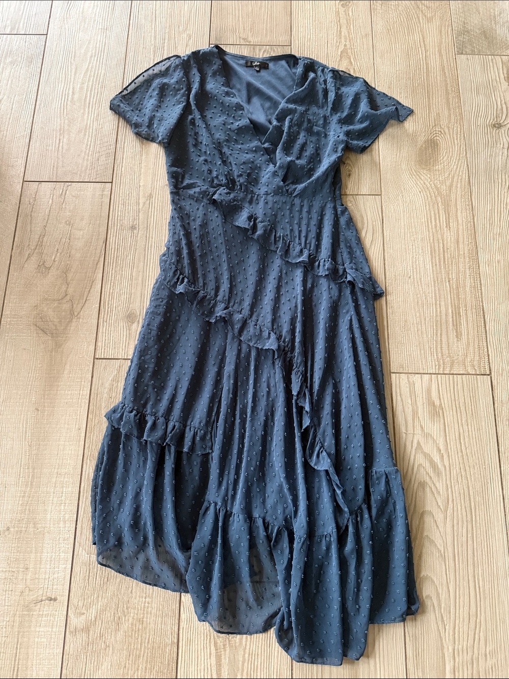 Lulu's Navy Swiss Dot Ruffle Wrap Maxi Dress